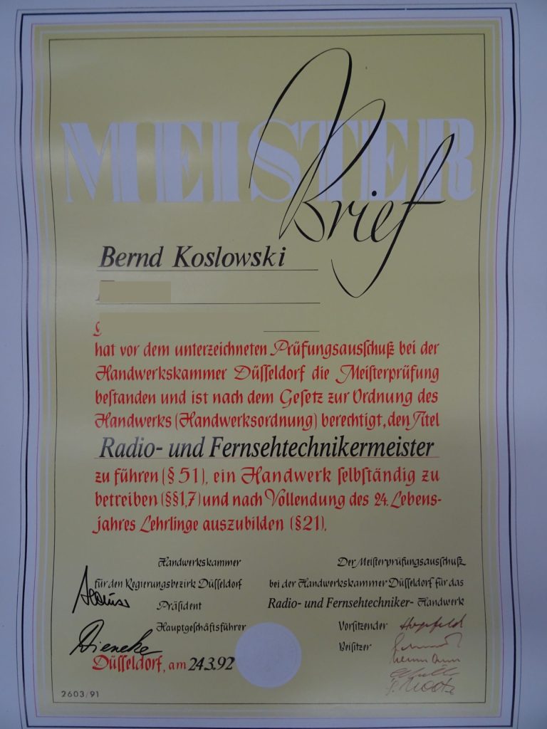 Meisterbrief der Handwerkskammer Düsseldorf für Radio- und Fernsehtechnikermeister